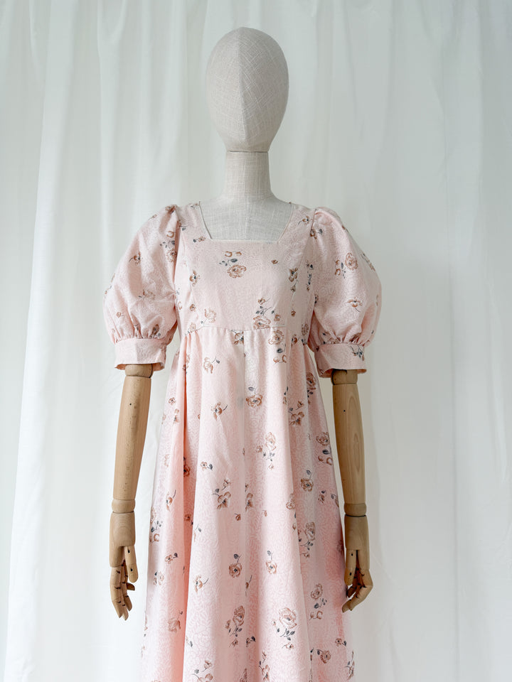 Adorable 1970s Soft Pink Floral Puff Sleeve Maxi Dress