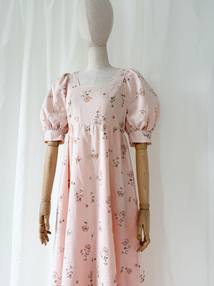 Adorable 1970s Soft Pink Floral Puff Sleeve Maxi Dress