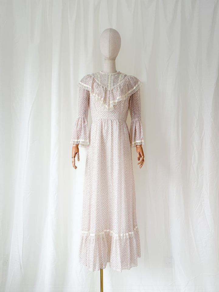 Stunning Romantic 1970s Floral Soft Cotton Lace Trimmed Maxi Dress