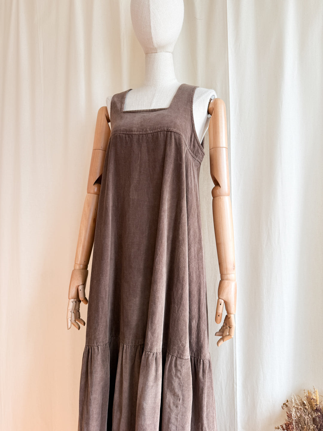 Breathtaking Rare 1970s Soft Brown Cotton Corduroy Tiered Maxi Dress by Chloes Clothes