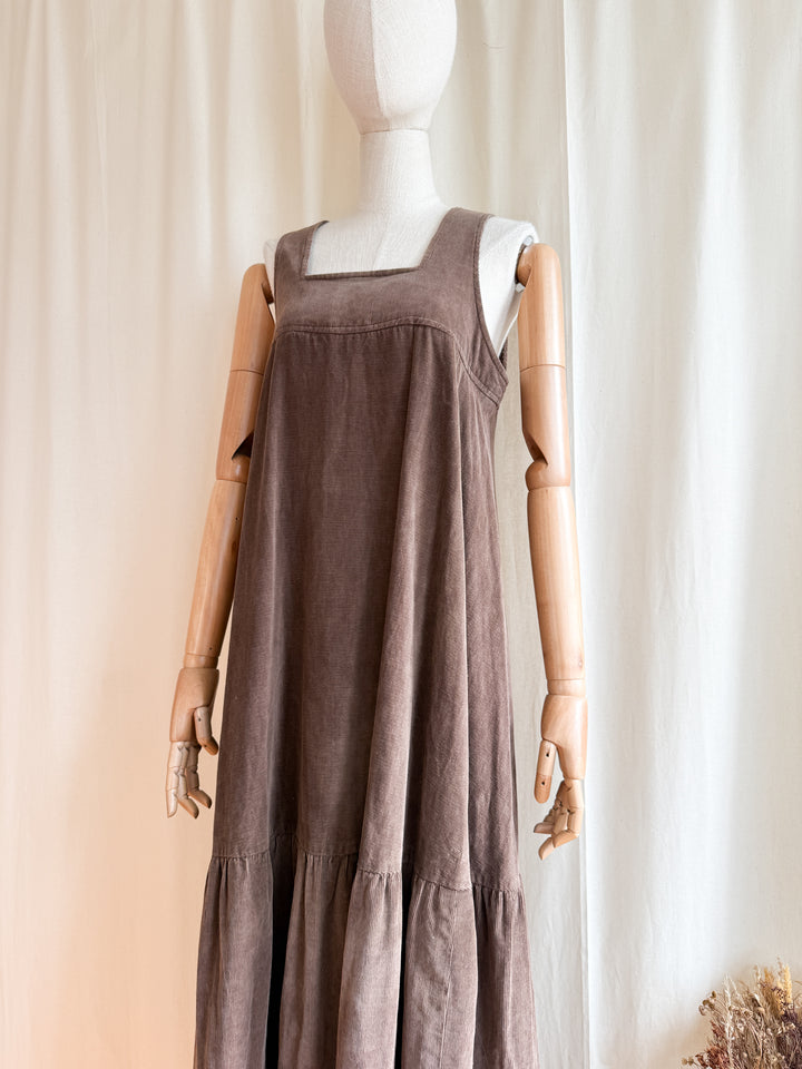 Breathtaking Rare 1970s Soft Brown Cotton Corduroy Tiered Maxi Dress by Chloes Clothes