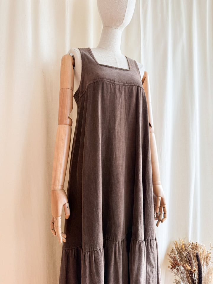 Breathtaking Rare 1970s Soft Brown Cotton Corduroy Tiered Maxi Dress by Chloes Clothes