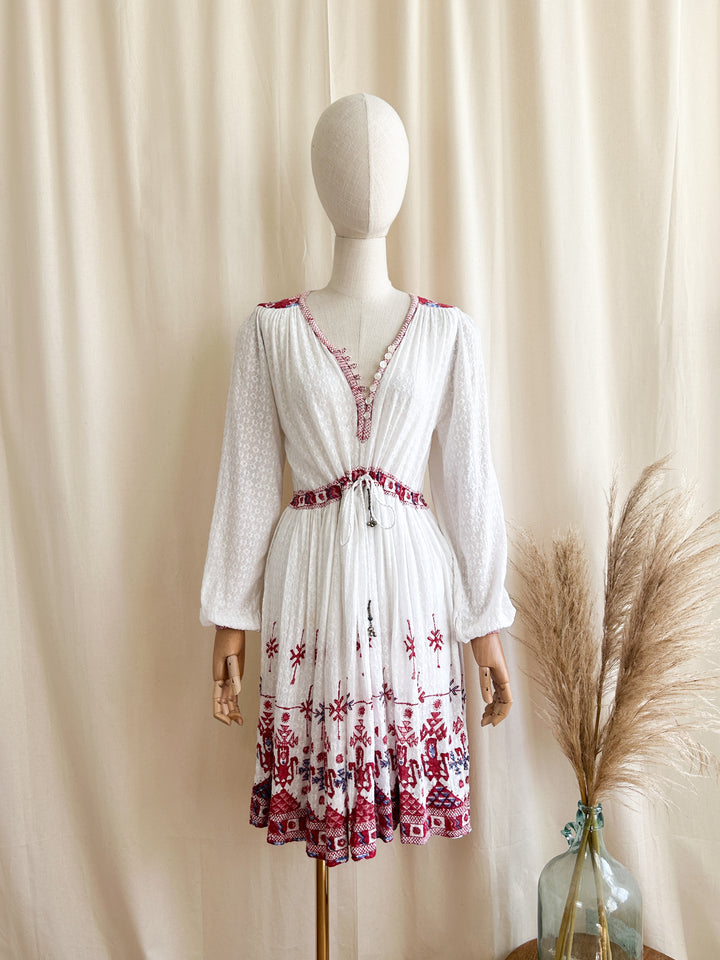 Stunning Indian Cotton Bohemian Embroidered 1970s Midi Dress