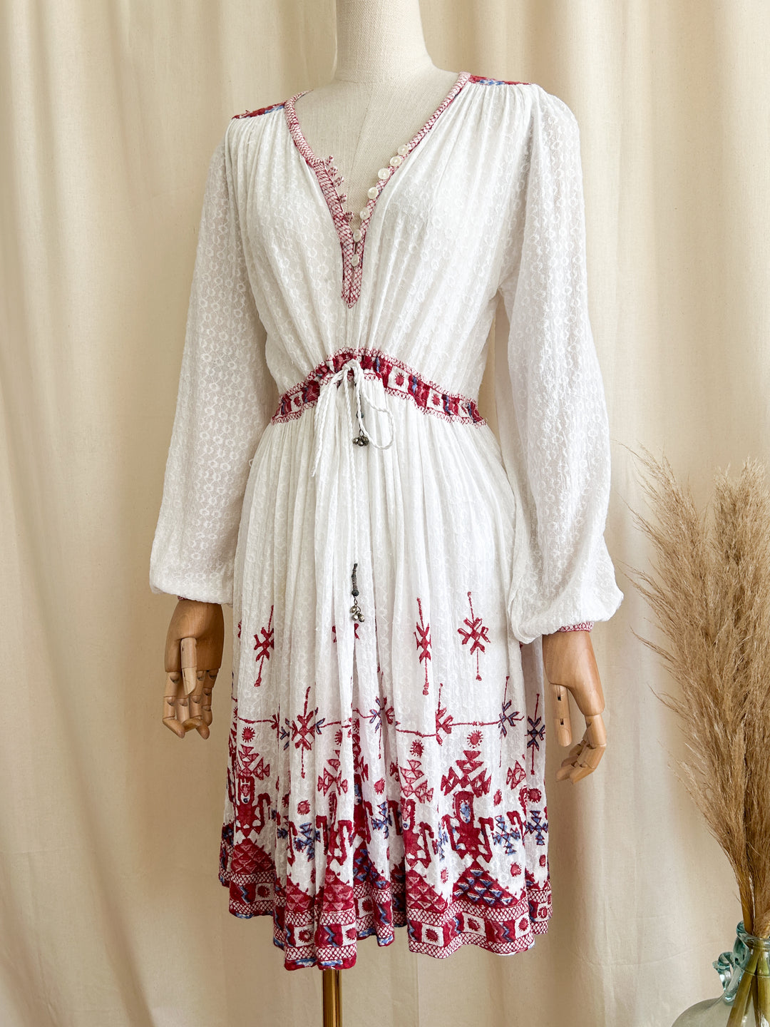 Stunning Indian Cotton Bohemian Embroidered 1970s Midi Dress