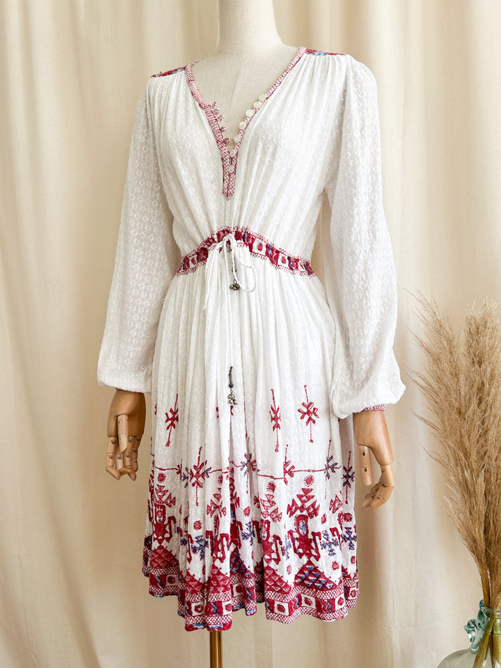 Stunning Indian Cotton Bohemian Embroidered 1970s Midi Dress