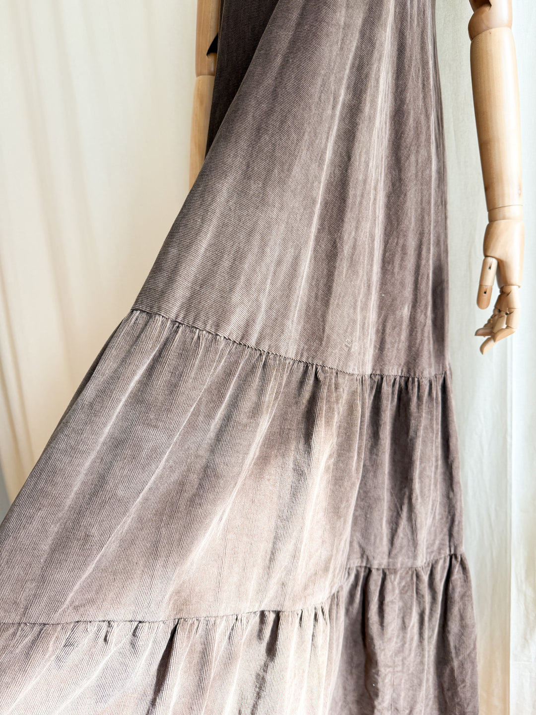 Breathtaking Rare 1970s Soft Brown Cotton Corduroy Tiered Maxi Dress by Chloes Clothes