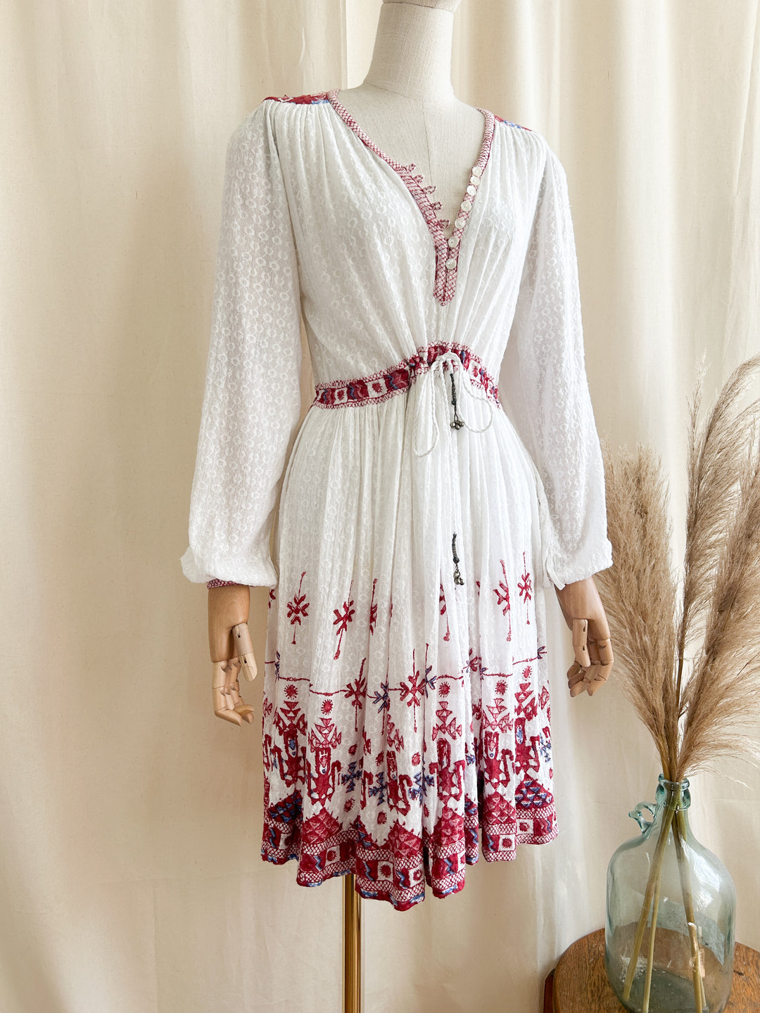 Stunning Indian Cotton Bohemian Embroidered 1970s Midi Dress