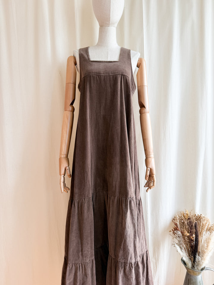 Breathtaking Rare 1970s Soft Brown Cotton Corduroy Tiered Maxi Dress by Chloes Clothes