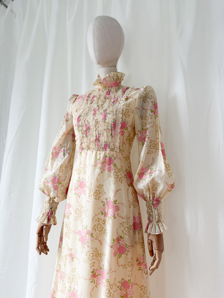 Gorgeous Rare 1970s Smocked Floral Cotton Maxi Dress