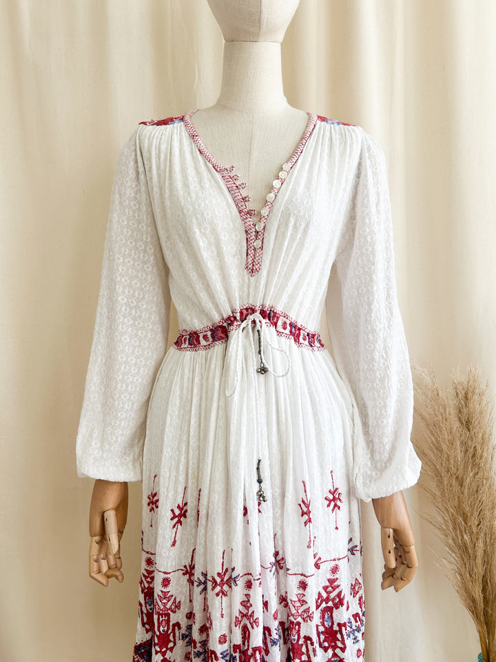 Stunning Indian Cotton Bohemian Embroidered 1970s Midi Dress