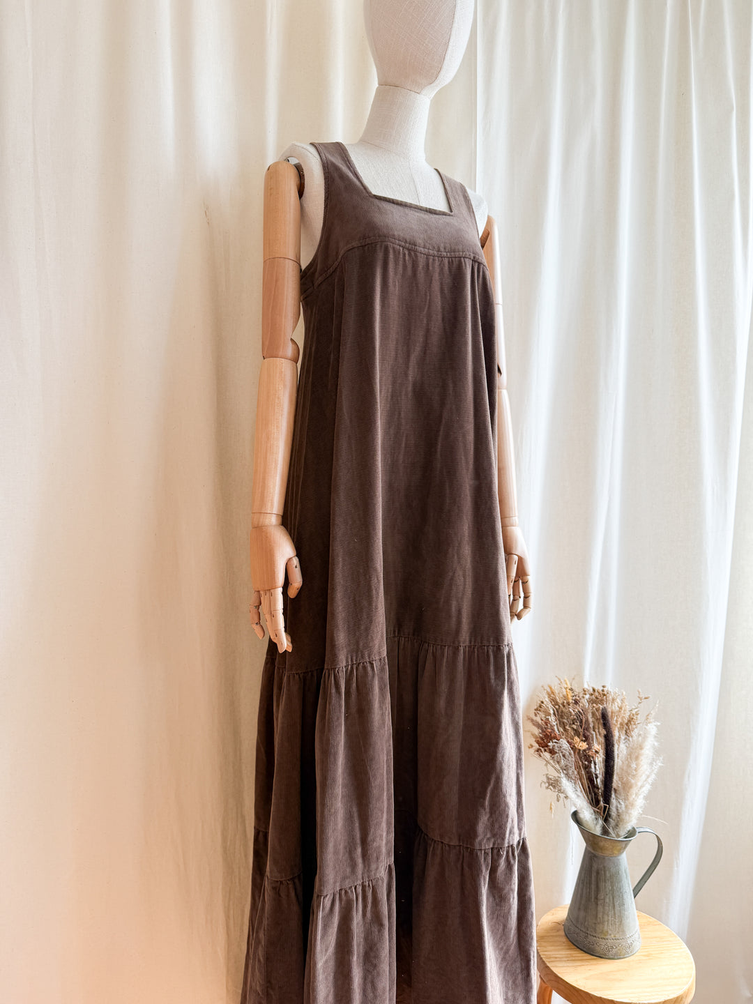 Breathtaking Rare 1970s Soft Brown Cotton Corduroy Tiered Maxi Dress by Chloes Clothes