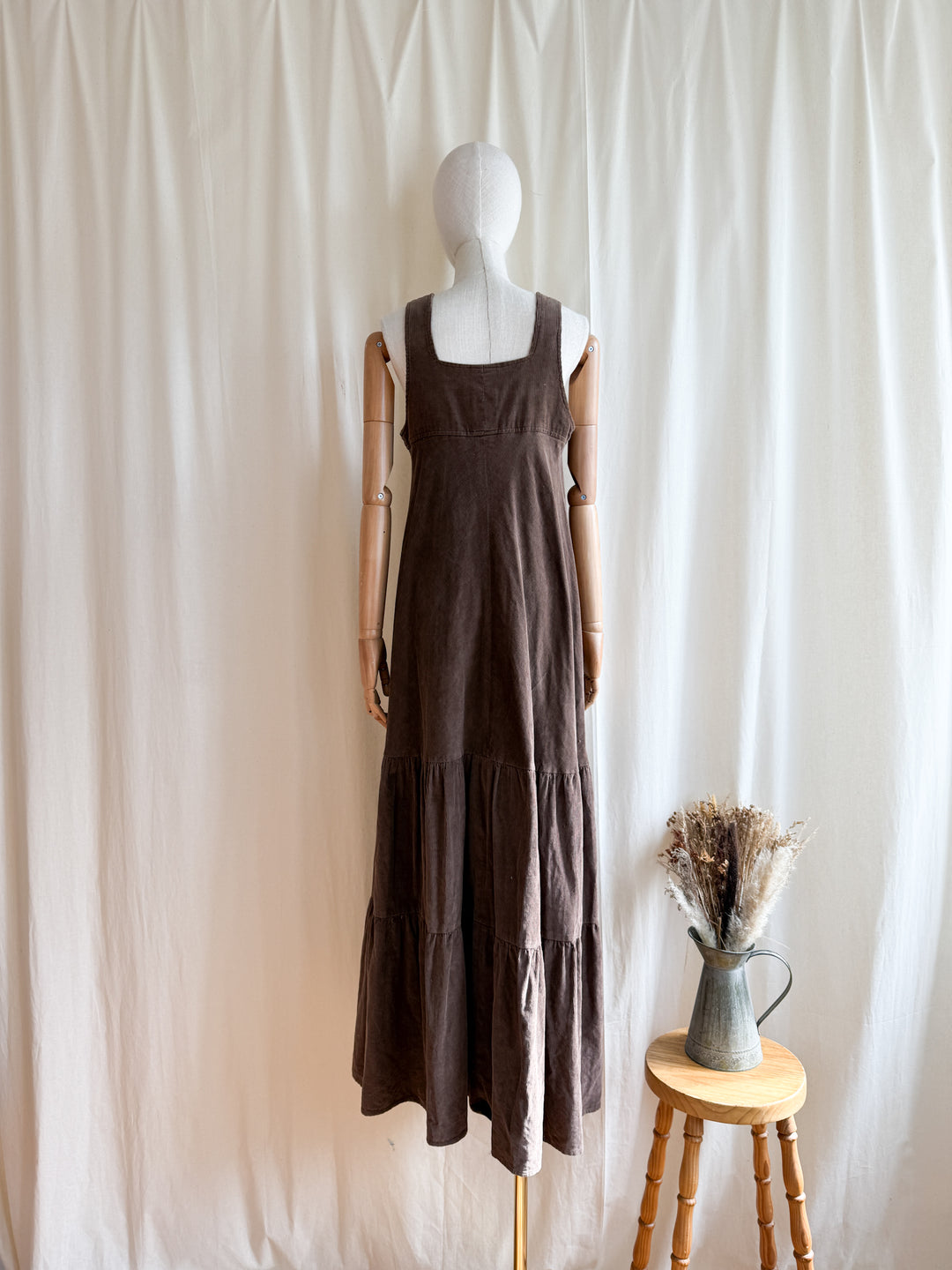Breathtaking Rare 1970s Soft Brown Cotton Corduroy Tiered Maxi Dress by Chloes Clothes