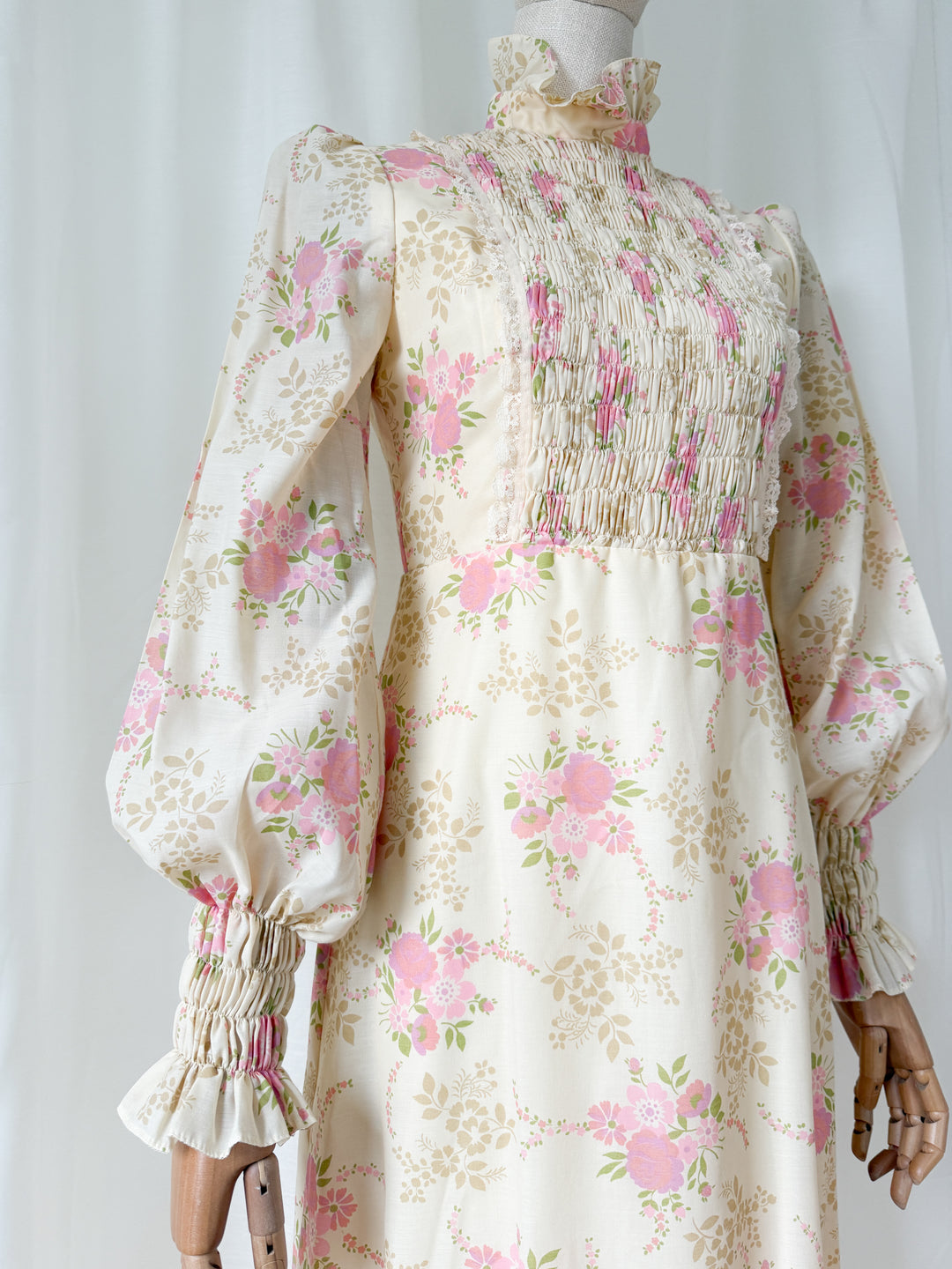 Gorgeous Rare 1970s Smocked Floral Cotton Maxi Dress