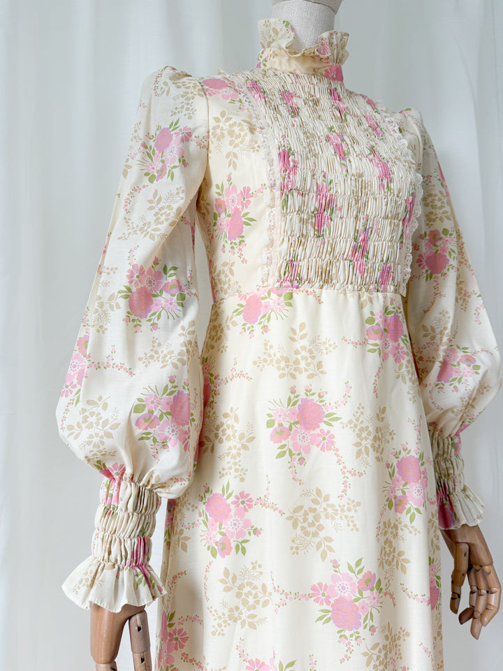 Gorgeous Rare 1970s Smocked Floral Cotton Maxi Dress