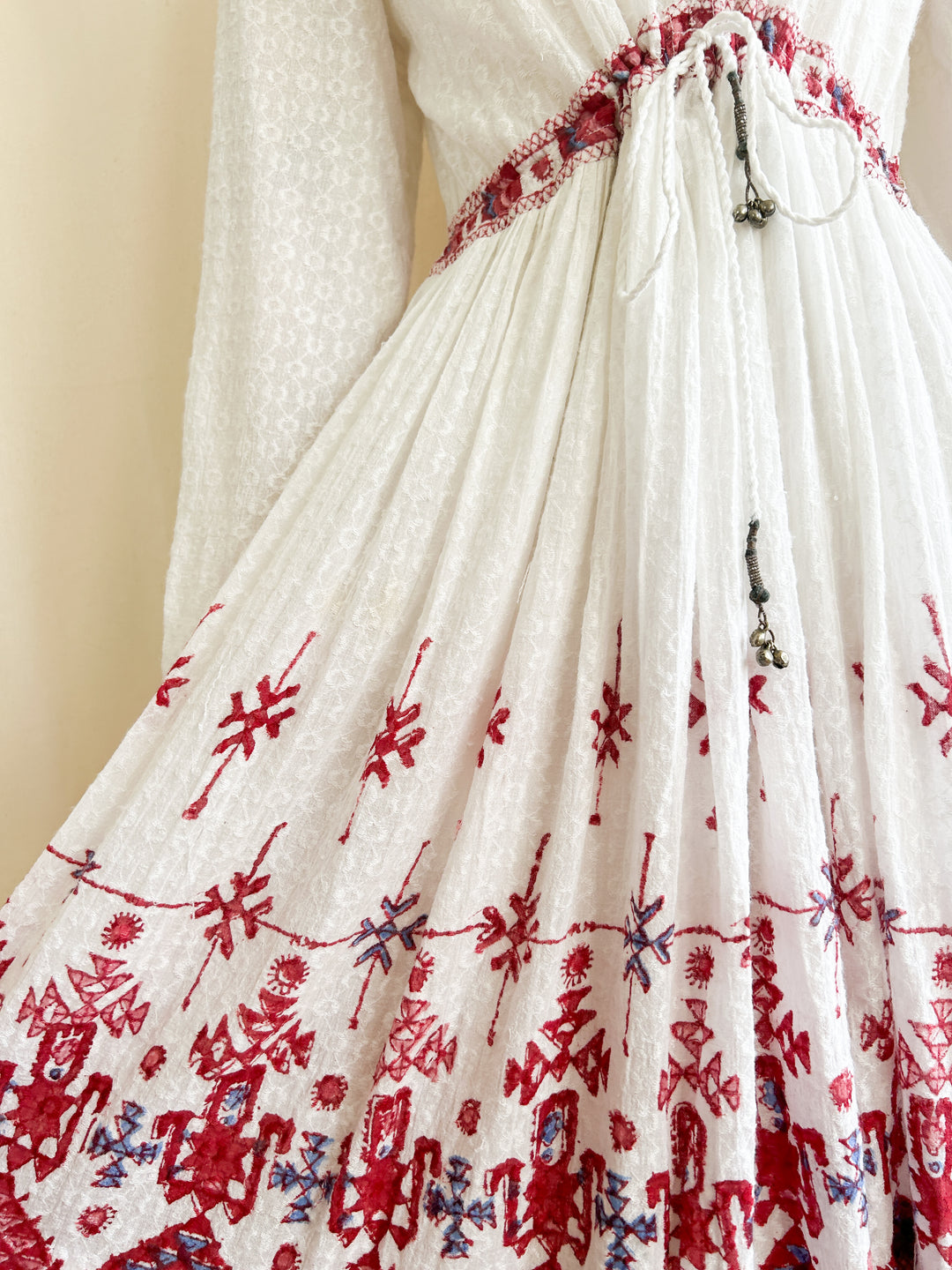 Stunning Indian Cotton Bohemian Embroidered 1970s Midi Dress