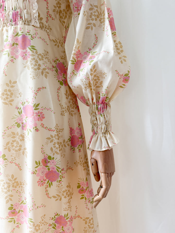 Gorgeous Rare 1970s Smocked Floral Cotton Maxi Dress
