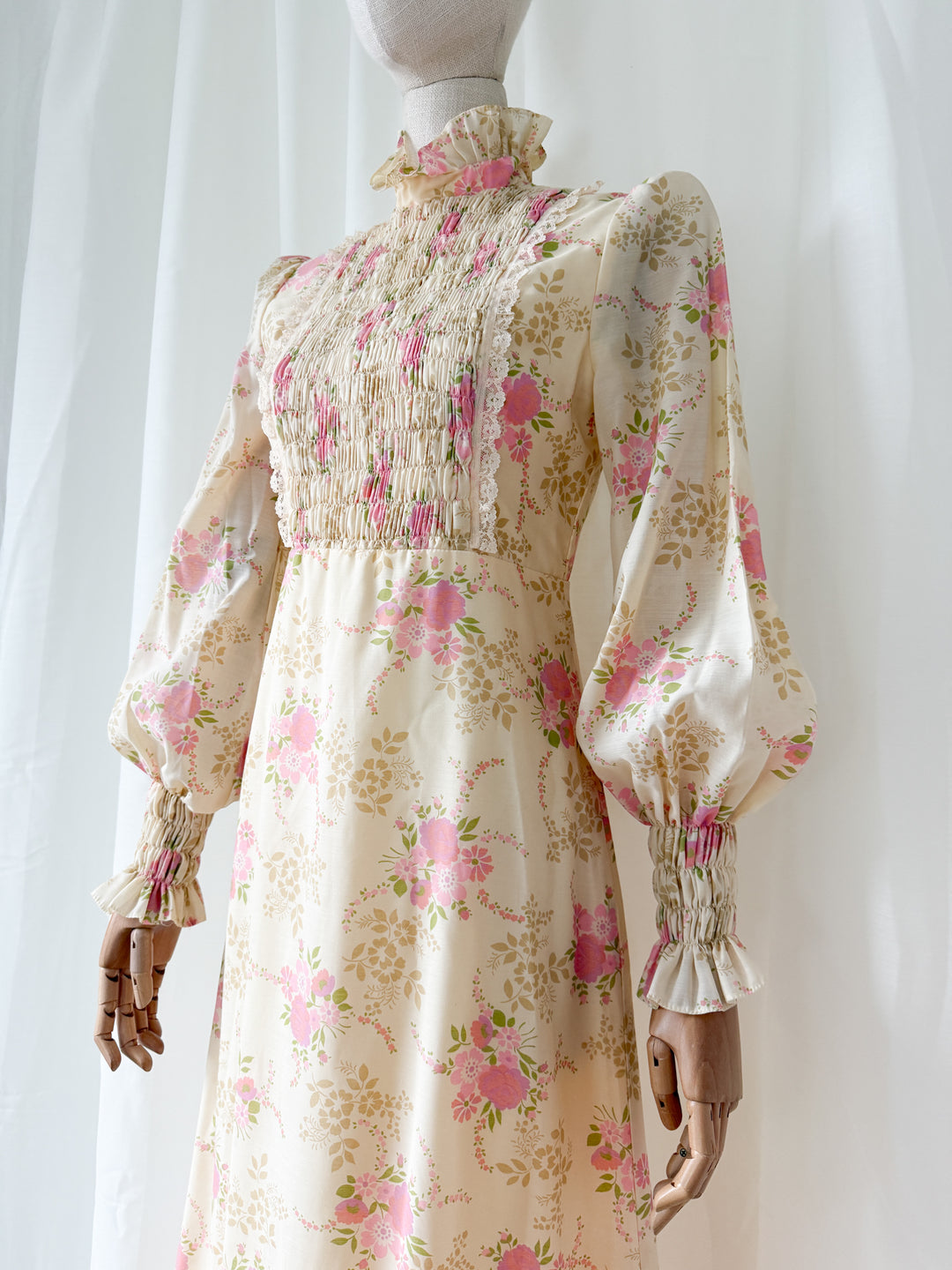 Gorgeous Rare 1970s Smocked Floral Cotton Maxi Dress