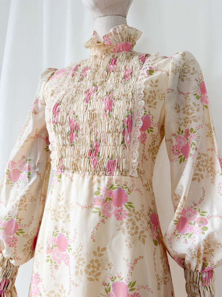 Gorgeous Rare 1970s Smocked Floral Cotton Maxi Dress
