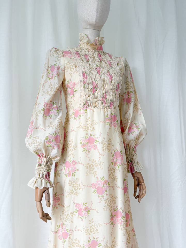 Gorgeous Rare 1970s Smocked Floral Cotton Maxi Dress