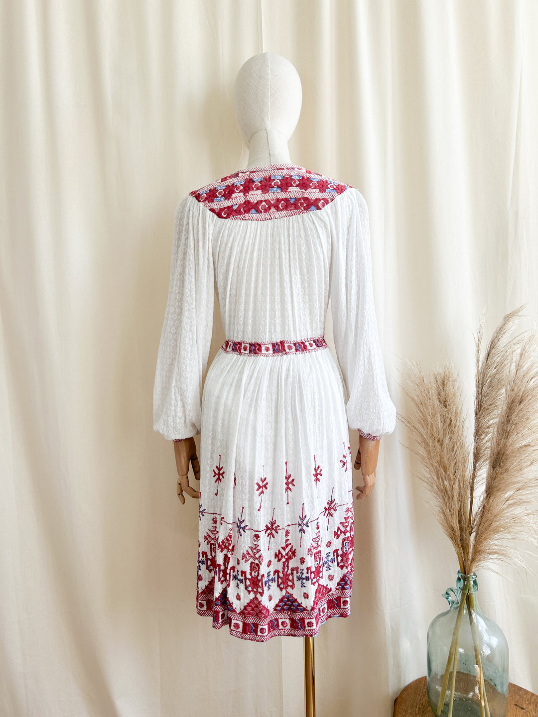 Stunning Indian Cotton Bohemian Embroidered 1970s Midi Dress