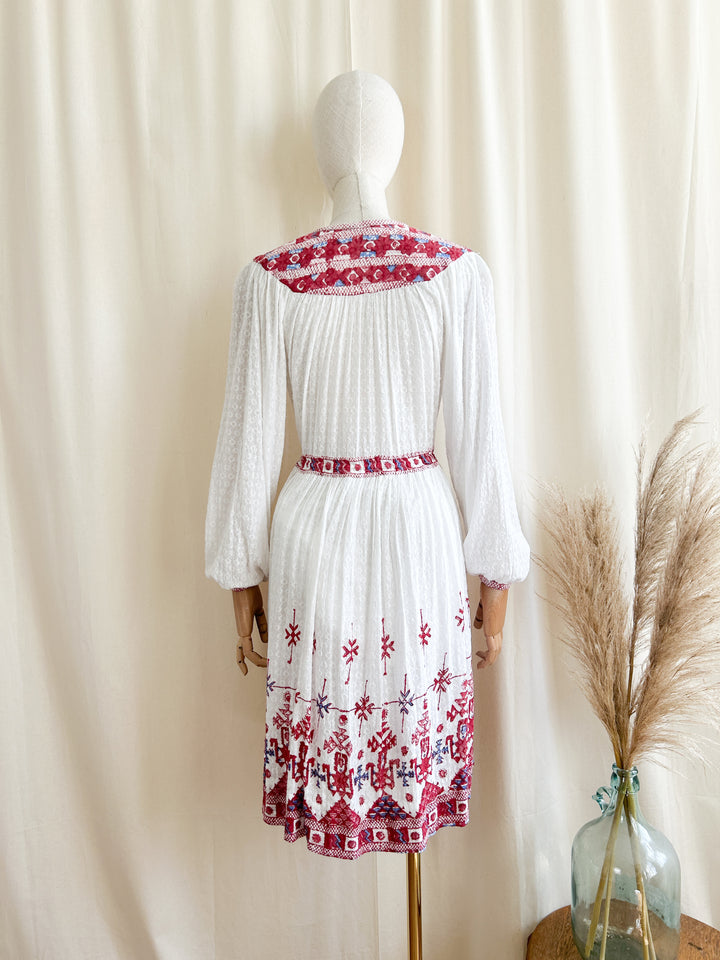 Stunning Indian Cotton Bohemian Embroidered 1970s Midi Dress