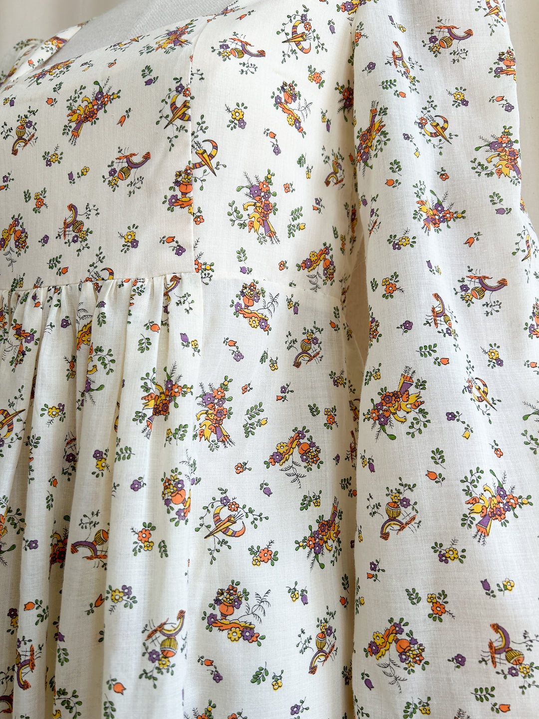 Gorgeous Novelty Print Handmade 1970s Cotton Prairie Dress