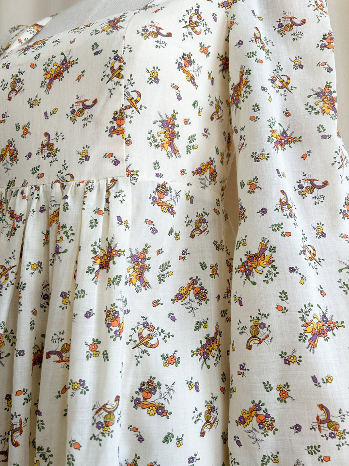 Gorgeous Novelty Print Handmade 1970s Cotton Prairie Dress