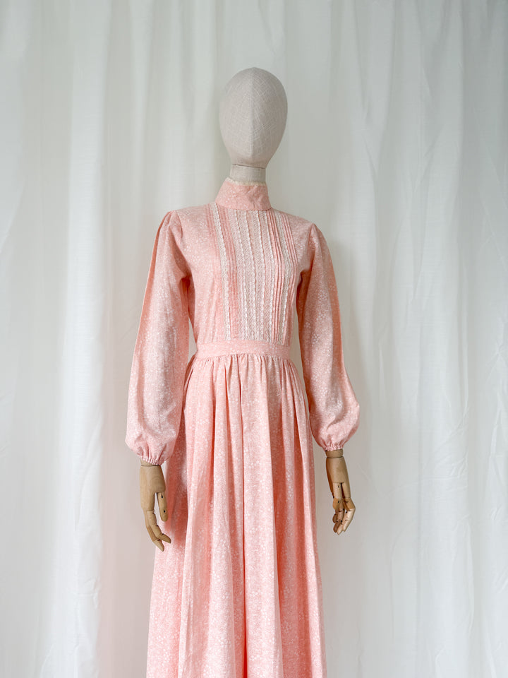 Sweet 1970s Peach Cotton Floral Maxi Dress