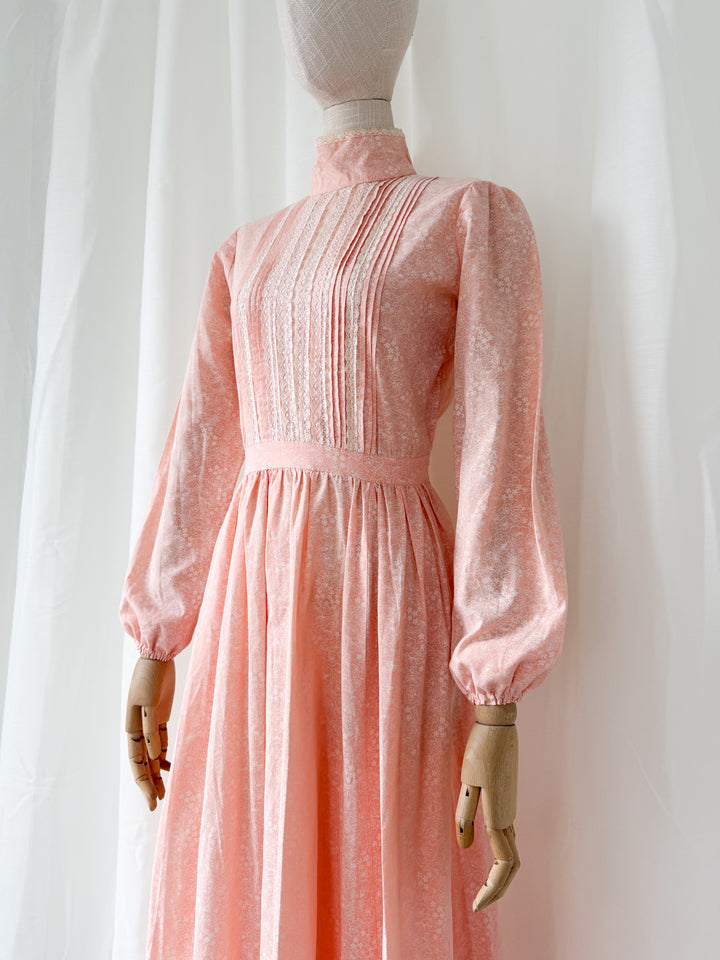 Sweet 1970s Peach Cotton Floral Maxi Dress