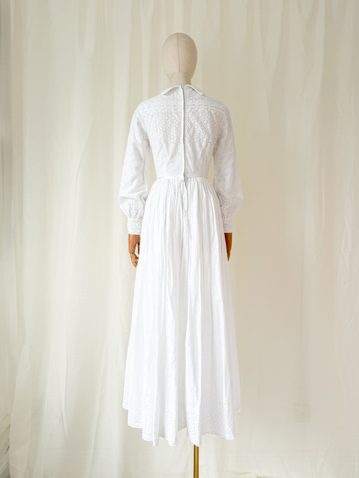 Angelic 1970s Heavy Cotton Broderie Anglaise Maxi Dress