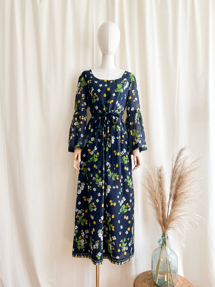 Beautiful Romantic Bohemian Navy Bell Sleeve Cotton Maxi Dress