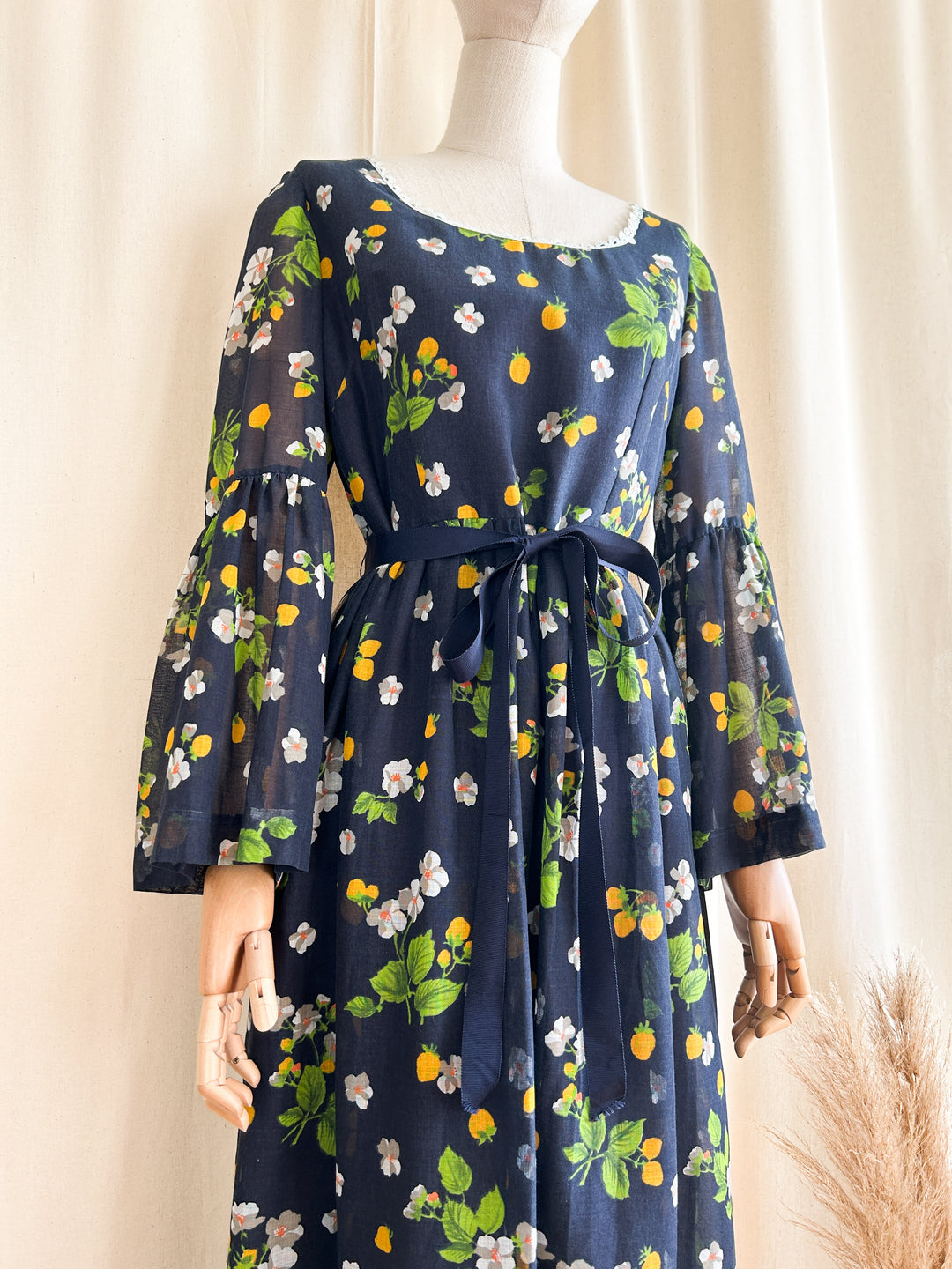 Beautiful Romantic Bohemian Navy Bell Sleeve Cotton Maxi Dress