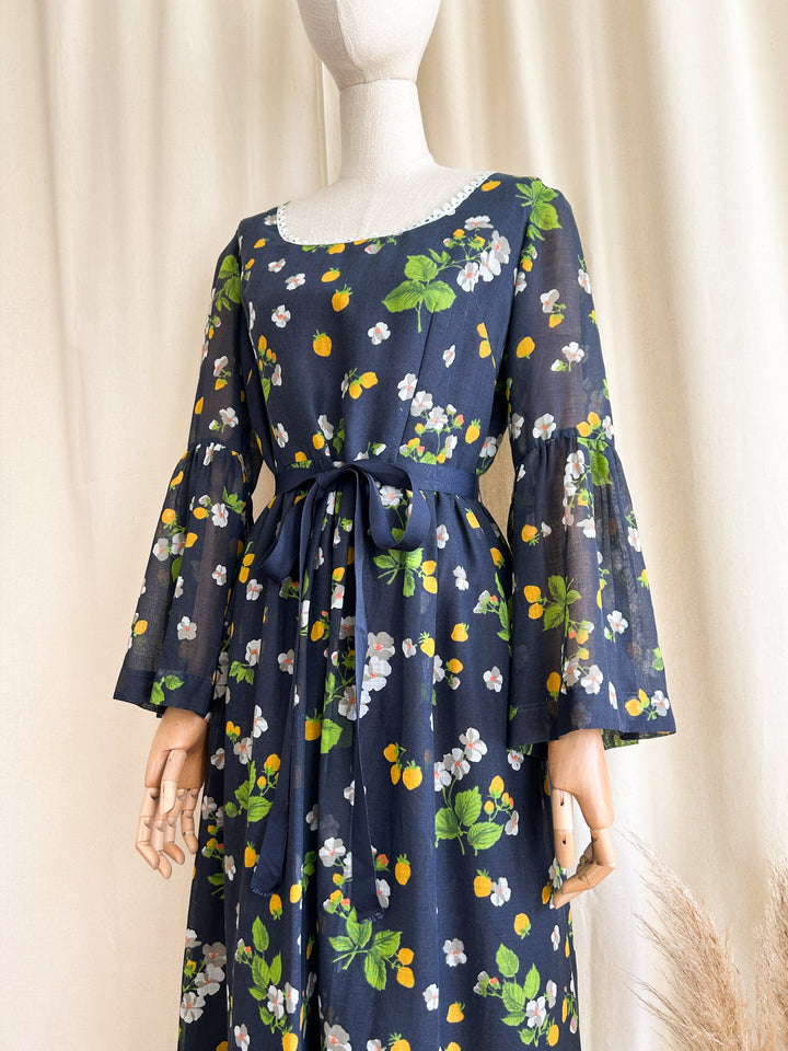 Beautiful Romantic Bohemian Navy Bell Sleeve Cotton Maxi Dress