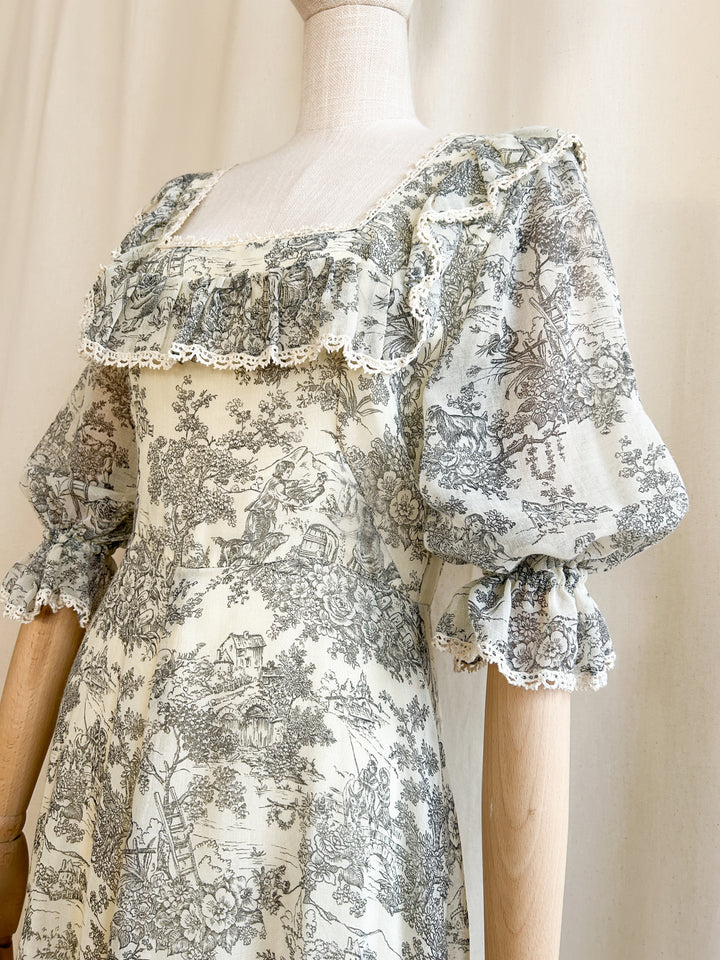 Heavenly 70s Fine Cotton Toile Du Jouy Prairie Dress