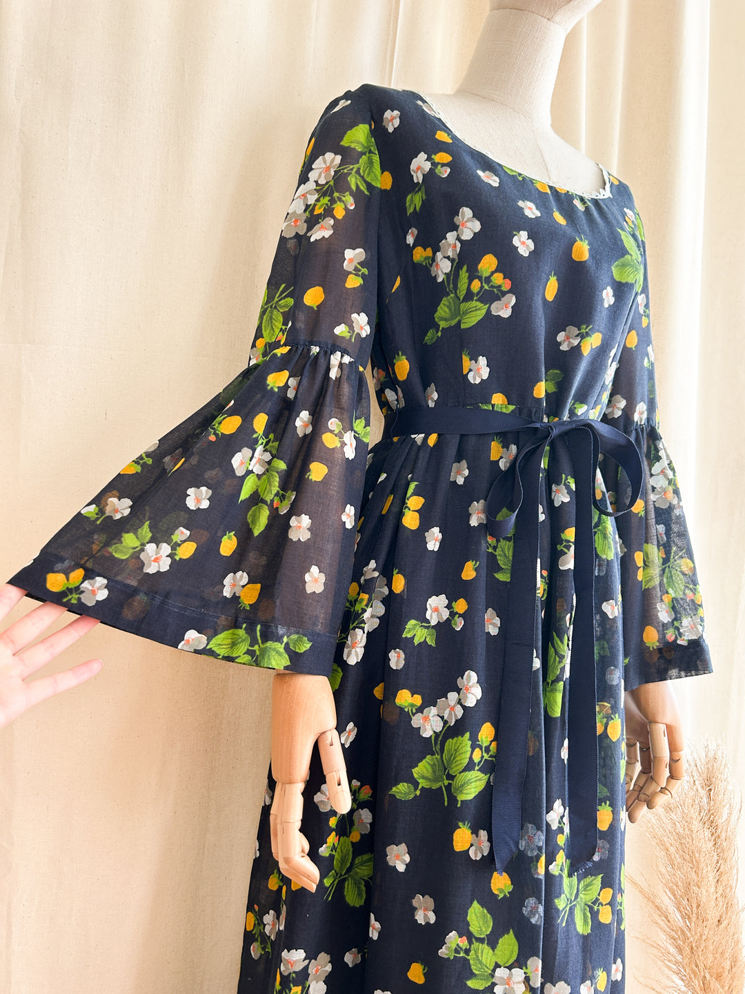 Beautiful Romantic Bohemian Navy Bell Sleeve Cotton Maxi Dress