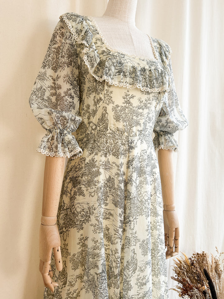 Heavenly 70s Fine Cotton Toile Du Jouy Prairie Dress