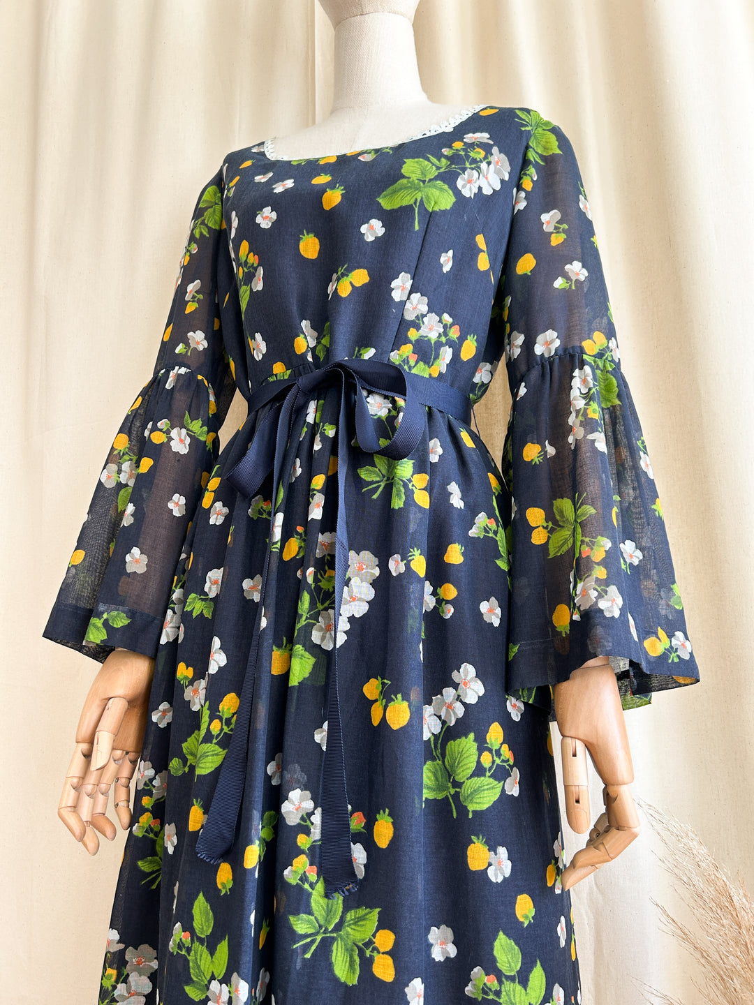 Beautiful Romantic Bohemian Navy Bell Sleeve Cotton Maxi Dress