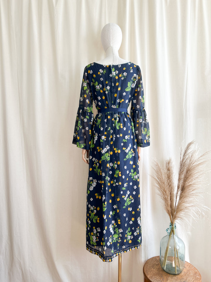 Beautiful Romantic Bohemian Navy Bell Sleeve Cotton Maxi Dress