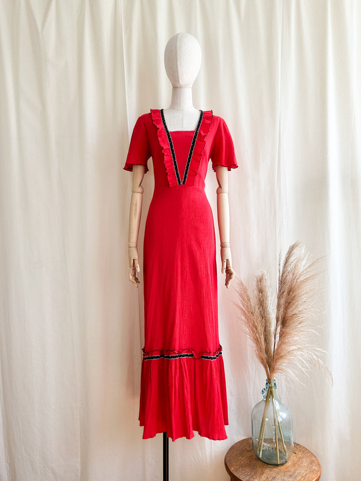 Sweet 1970s Red Bohemian Cheesecloth Maxi Dress