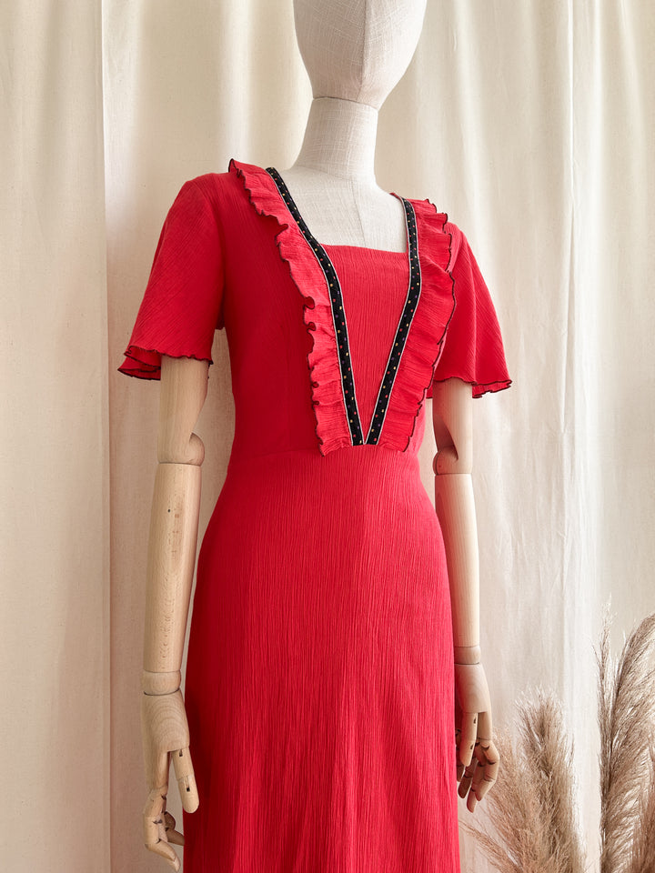 Sweet 1970s Red Bohemian Cheesecloth Maxi Dress