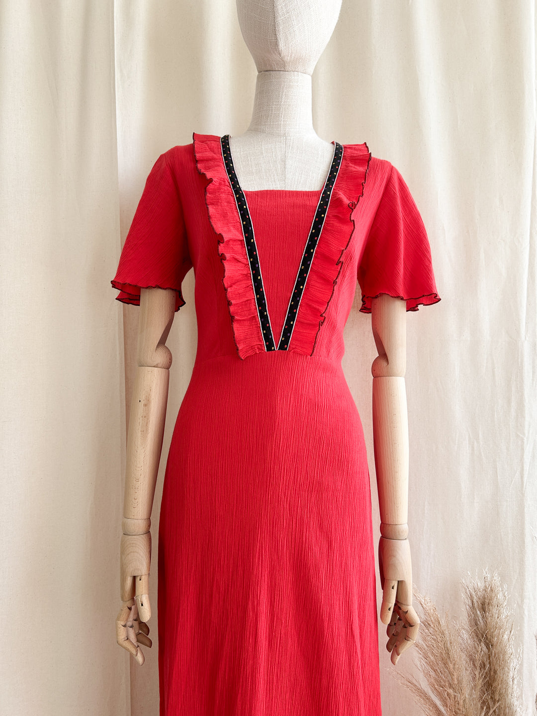 Sweet 1970s Red Bohemian Cheesecloth Maxi Dress