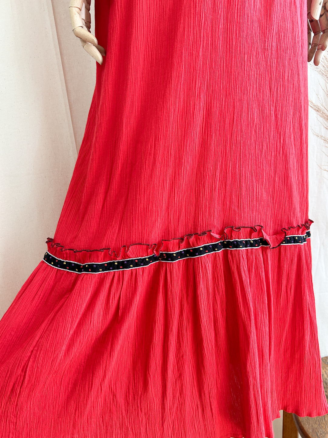 Sweet 1970s Red Bohemian Cheesecloth Maxi Dress