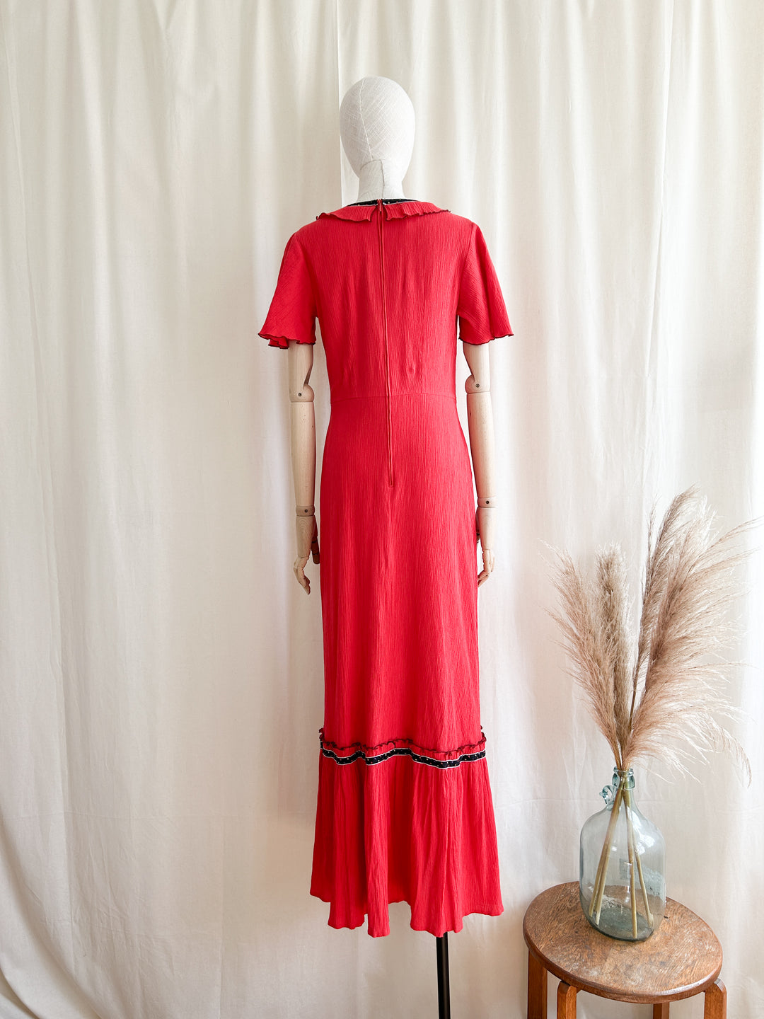 Sweet 1970s Red Bohemian Cheesecloth Maxi Dress