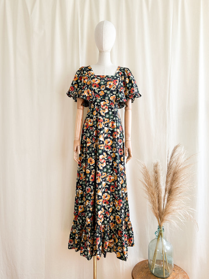 Insanely Beautiful 1970s Dark Floral Cotton Prairie Maxi Dress