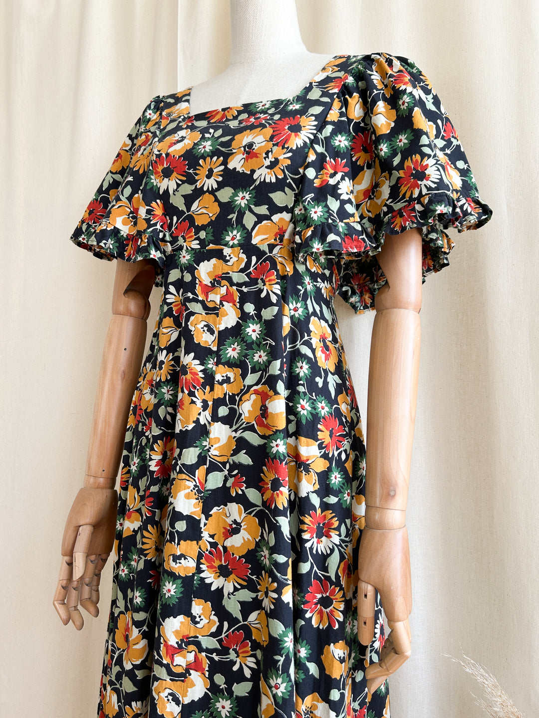 Insanely Beautiful 1970s Dark Floral Cotton Prairie Maxi Dress