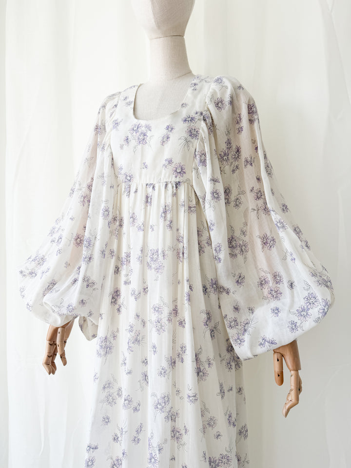 Precious Rare 1970s Billowing Sleeve Cotton Maxi Dress by Fiona