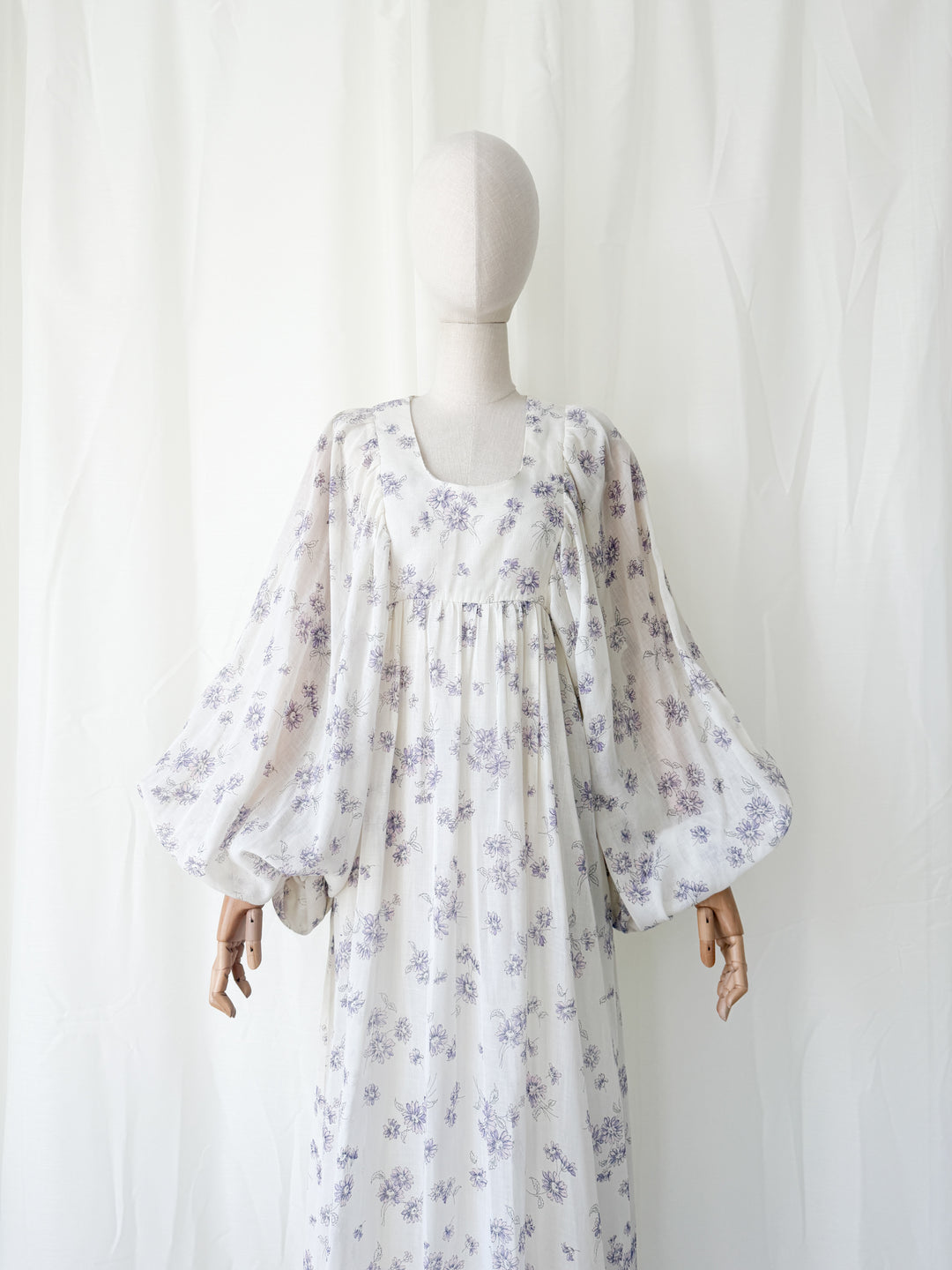 Precious Rare 1970s Billowing Sleeve Cotton Maxi Dress by Fiona