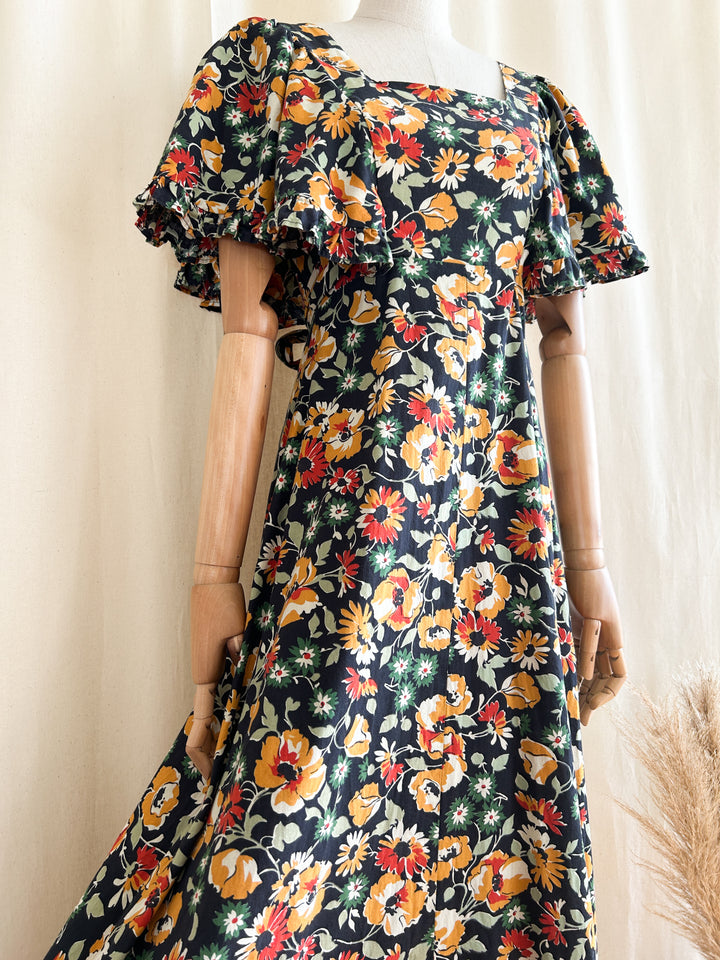 Insanely Beautiful 1970s Dark Floral Cotton Prairie Maxi Dress