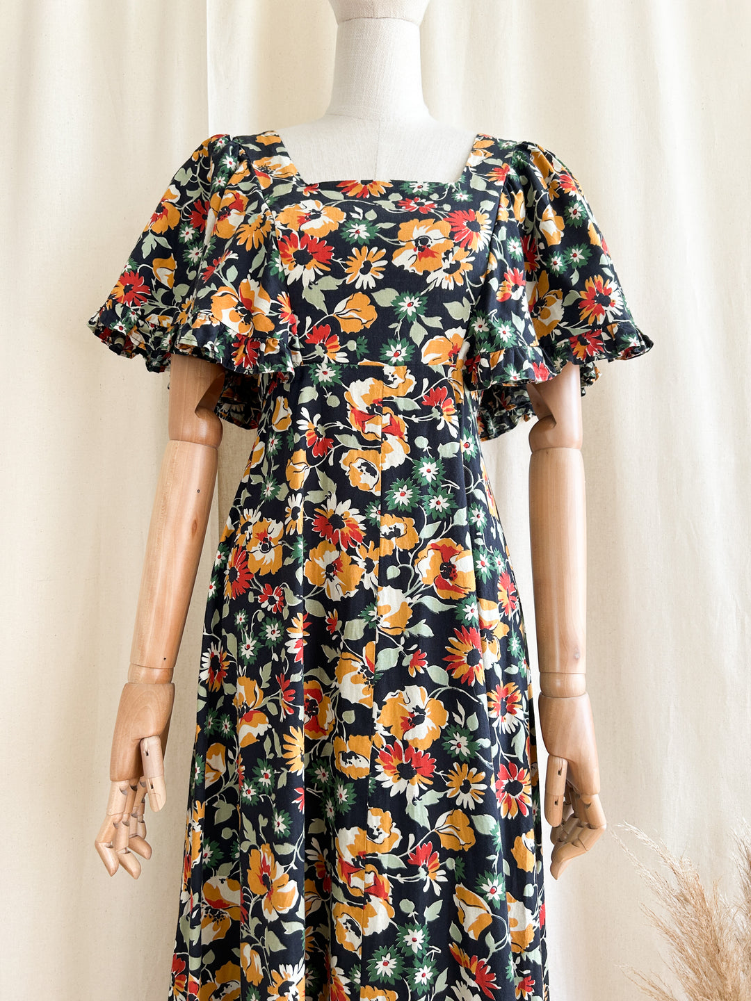 Insanely Beautiful 1970s Dark Floral Cotton Prairie Maxi Dress