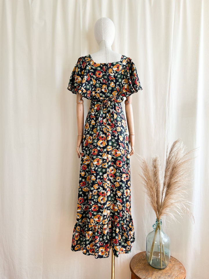 Insanely Beautiful 1970s Dark Floral Cotton Prairie Maxi Dress